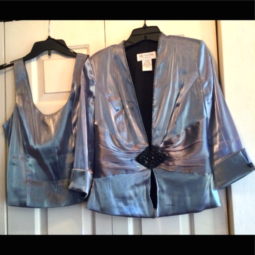 J.R. Nites Metallic Pewter Beaded Jacket & Cami Set